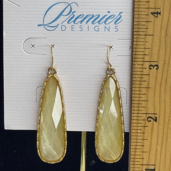 Premier Designs Elongated Teardrop Iridescent Gold Tone Dangling Earrings 2.25in - Picture 10 of 10